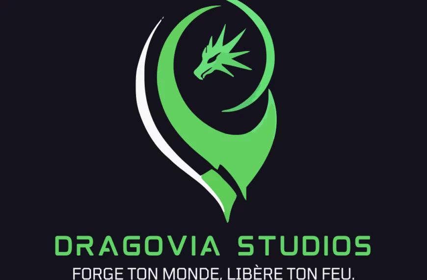 Logo principal de Dragovia Studios, entreprise fictive de jeux vidéo. Design stylisé d’un dragon vert avec le slogan “Forge ton monde, libère ton feu.”